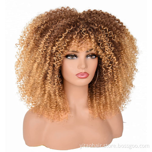 Wholesale Black Brown Red Curly Wigs for Black Women Afro Curly Colorful Wigs with Bangs 14 Inch Afro Kinky Loose Curly Wave